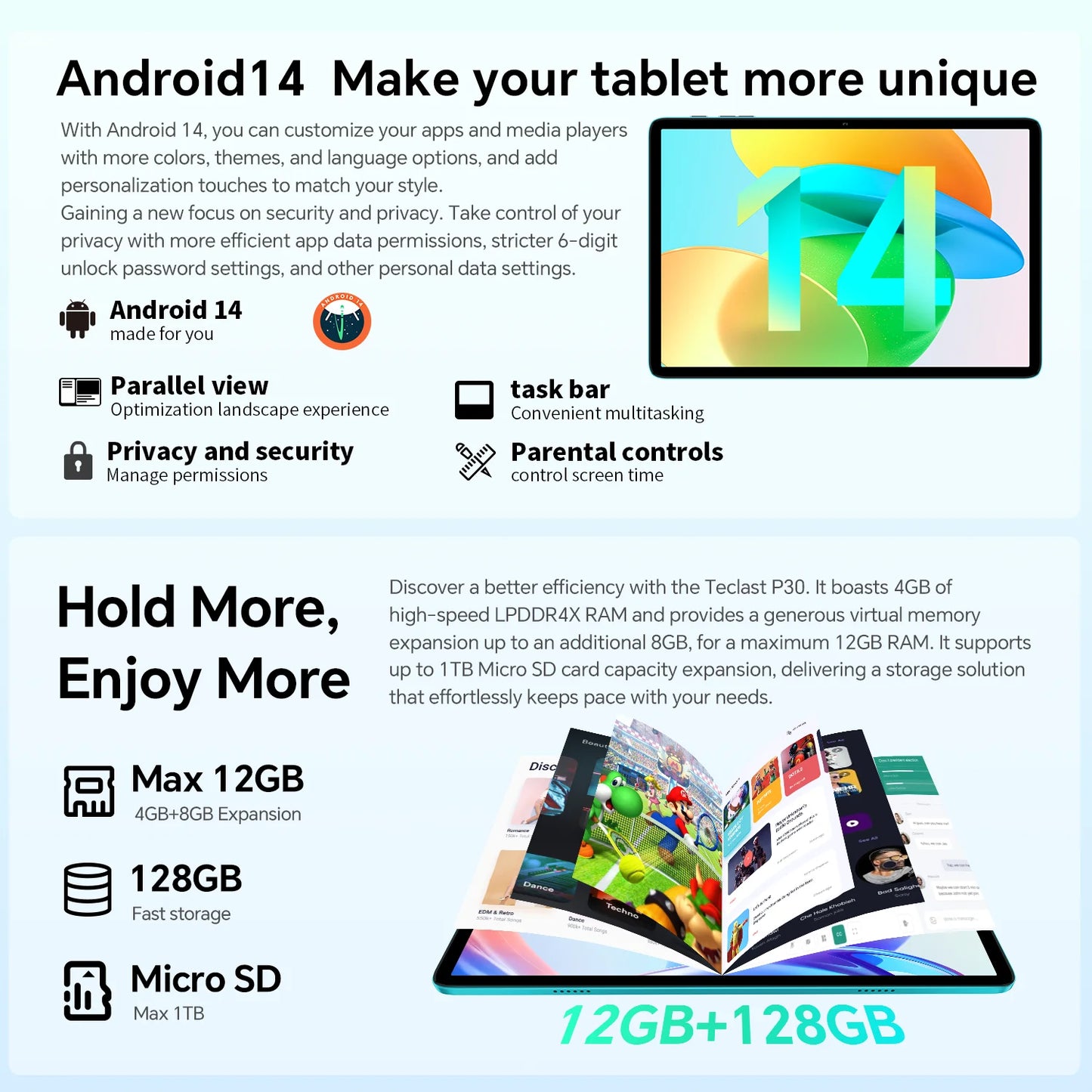Tablette  Android 14 à petit prix – Puissante, Fluide et Élégante (10.1’’, 12 Go RAM, 128 Go ROM)